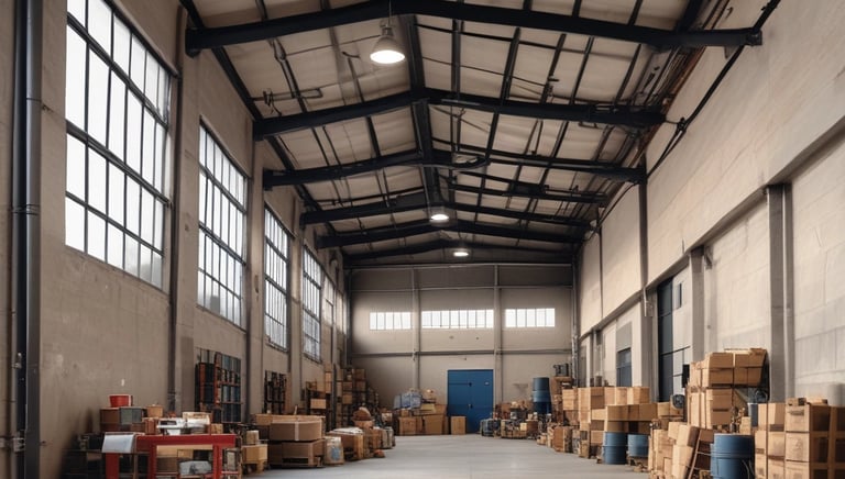 A modern warehouse with large loading docks under a clear blue sky.