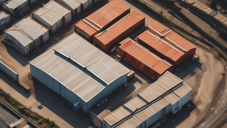 A spacious industrial lot with marked parking and surrounding greenery.