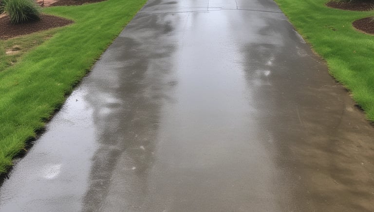 Pressure washing a driveway, clear water spray removing dark stains in bright daylight.