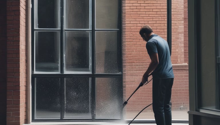 Technician carefully washing windows of a modern home using professional equipment.