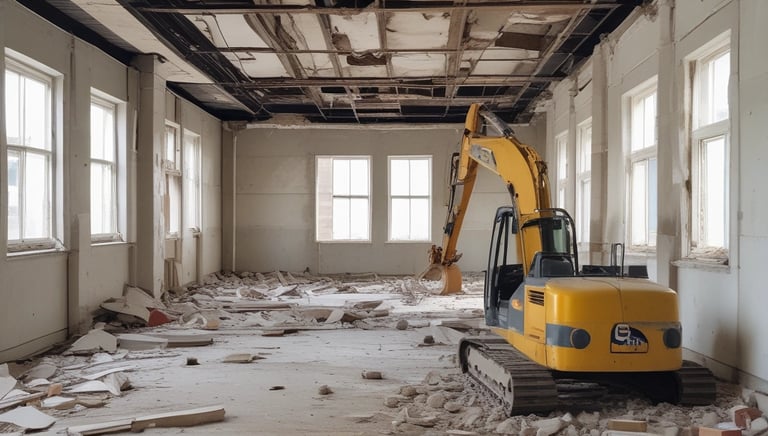 A partially demolished building with exposed brickwork and remnants of a wall. Rubble and debris cover the ground, and there are visible cords and structural elements. The scene suggests ongoing demolition or abandonment.
