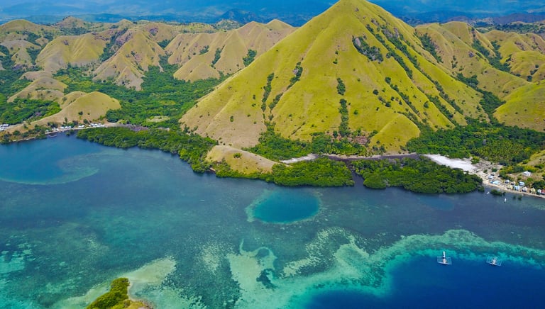 Aerial view of lush green volcanic hills and turquoise coral reefs in Komodo National Park, Indonesia.