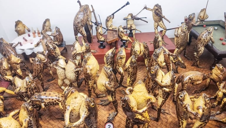 Taxidermy frogs at Froggyland museum arranged in a miniature human-like party and band scene.