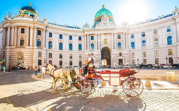 Traditional horse-drawn carriage in front of the historic Hofburg Palace in Vienna, Austria.
