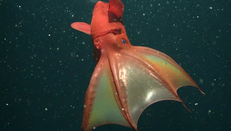 A deep-sea vampire squid with glowing eyes and webbed arms swimming in the dark ocean water.