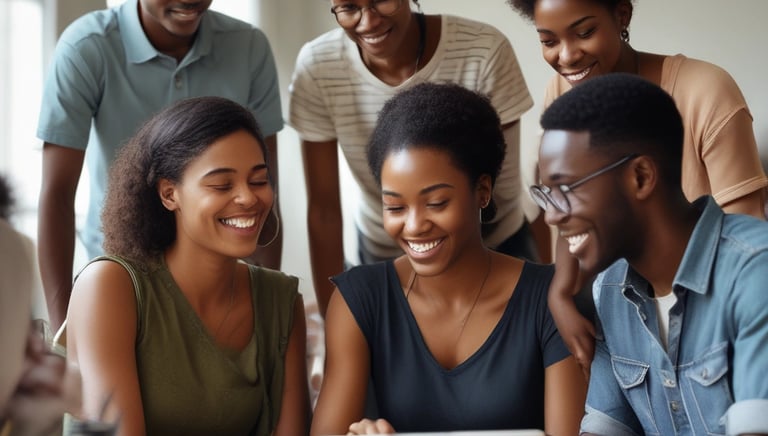 A group of diverse young adults engaged in a workshop setting, collaborating on projects.