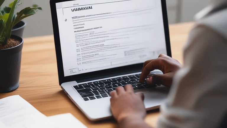 A close-up of a young black student reviewing a CV on a laptop, focused and determined.
