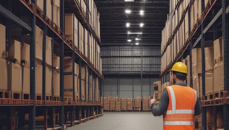 A professional conducting a logistics audit in a warehouse.