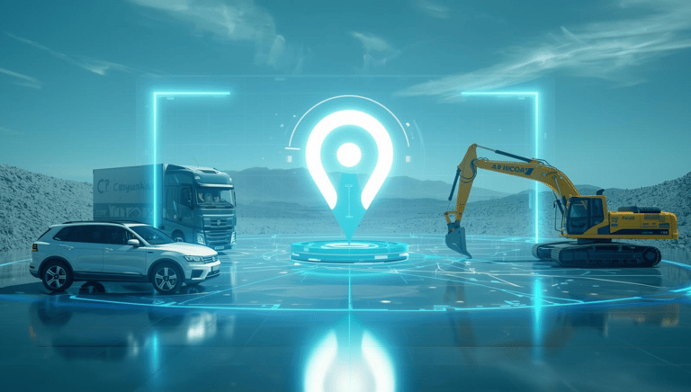 a truck with a large map of a location on the road