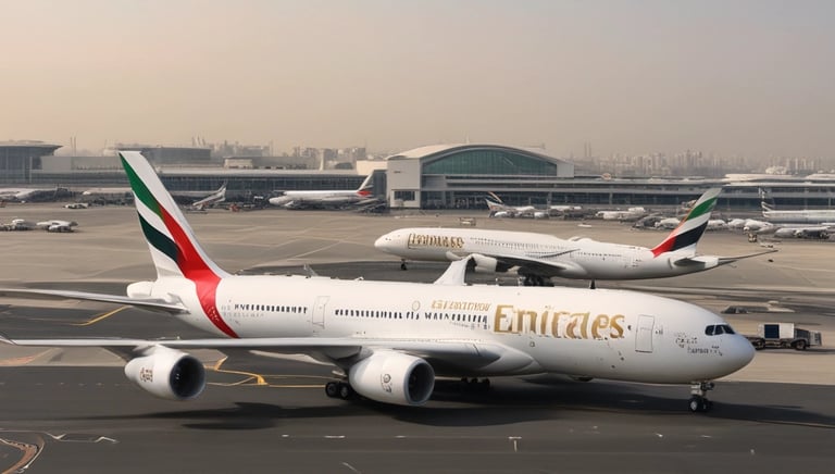 A passenger aircraft with people boarding via a stairway on an airport tarmac. The plane has Etihad Airways branding visible and there are ground crew members wearing high-visibility vests nearby. Several people, some dressed in traditional clothing, are lined up to get on the aircraft. A white car with an airport license plate is parked next to the scene.