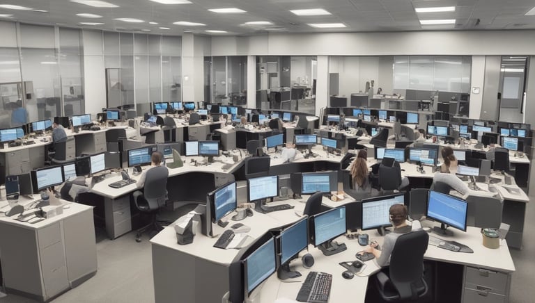 Photo of a busy logistics office with dispatchers coordinating truck routes.
