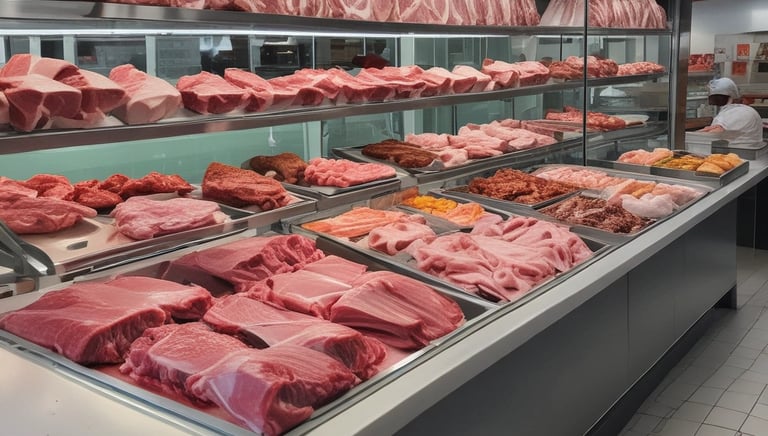 A display of fresh halal meats in a butcher shop.
