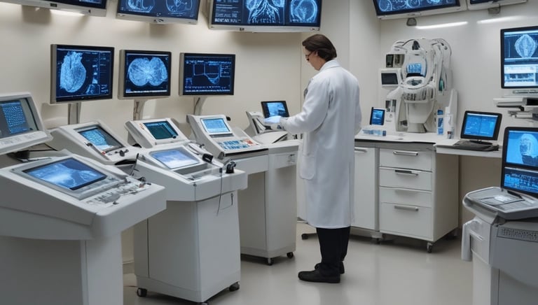 Smiling cardiologist consulting with a patient in a bright, modern clinic setting.