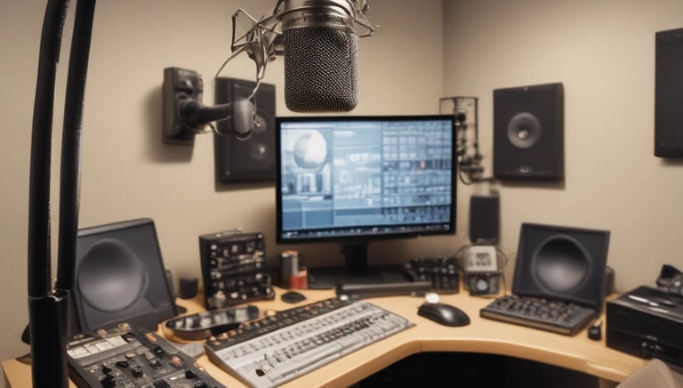 A wooden podium is positioned in a room with rows of empty seating, and a microphone rests on top. In the background, there is a blurred monitor on the wall, enhancing the setting's focus on public speaking or presentations.