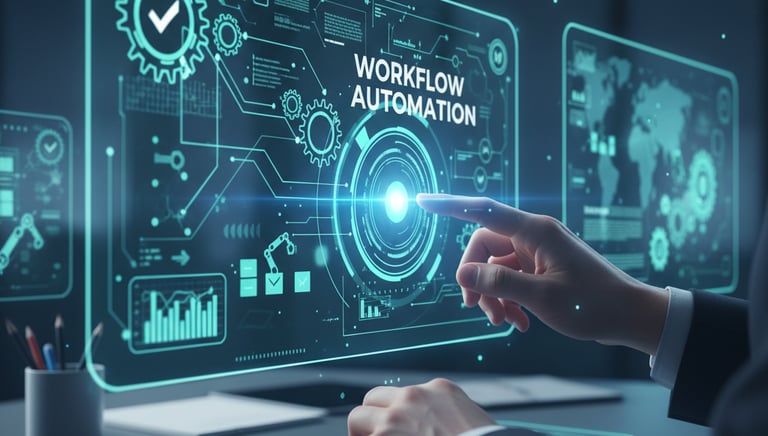 Businessman interacting with a holographic display for workflow automation, symbolizing increased ef