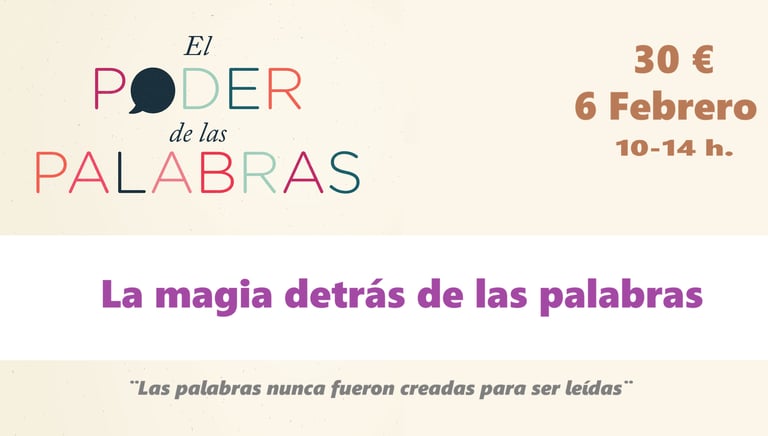 Cartel del taller El Poder de las Palabras sobre comunicación, con fecha 6 de febrero y precio de 30 euros.