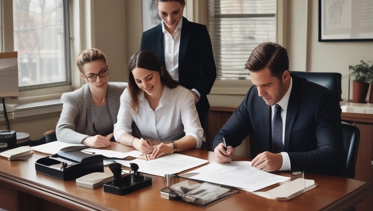 A cityscape with a real estate sign in the foreground, prominently displaying the name and phone number. Surrounding the sign are various buildings with different architectural styles, some with scaffolding and green netting. The scene features a mix of older, worn structures alongside modern glass-fronted buildings. Power lines and construction materials add to the urban complexity.