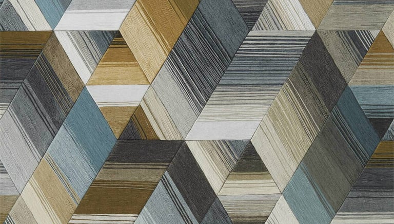 Modern geometric wallpaper featuring a 3D cube pattern with textured blue, gold, and grey stripes.