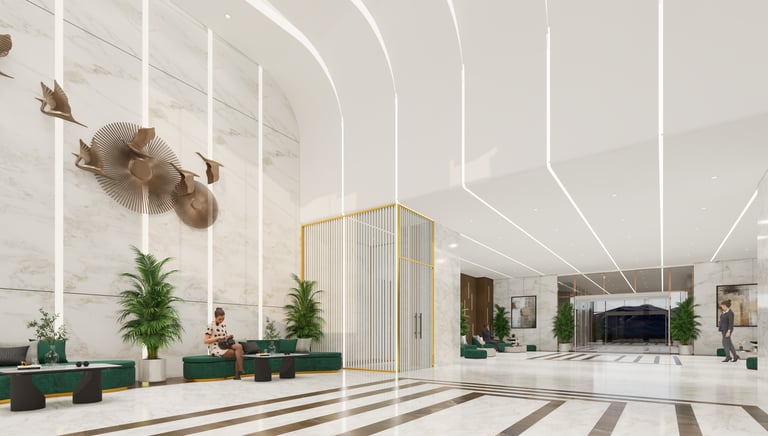 Stylish and modern living room with elegant furniture and warm lighting