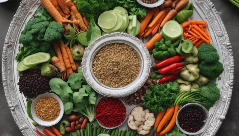 A vibrant display of fresh vegetables and herbs commonly used in Thai cooking.
