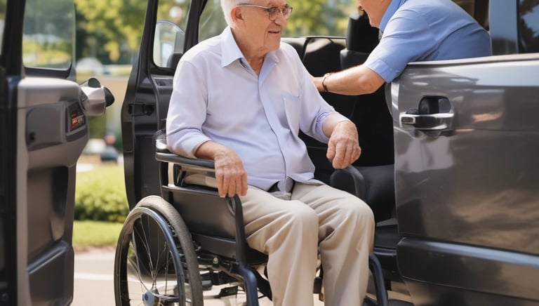 A professional driver assisting a senior passenger into a wheelchair-accessible vehicle.