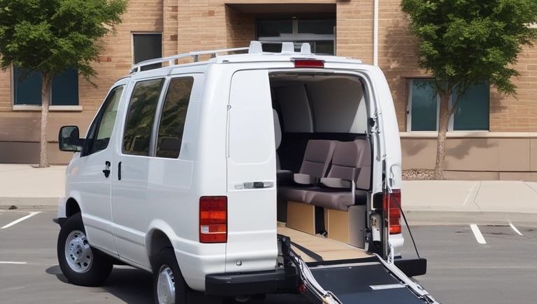 A clean, accessible vehicle parked outside a medical facility ready for patient transport.