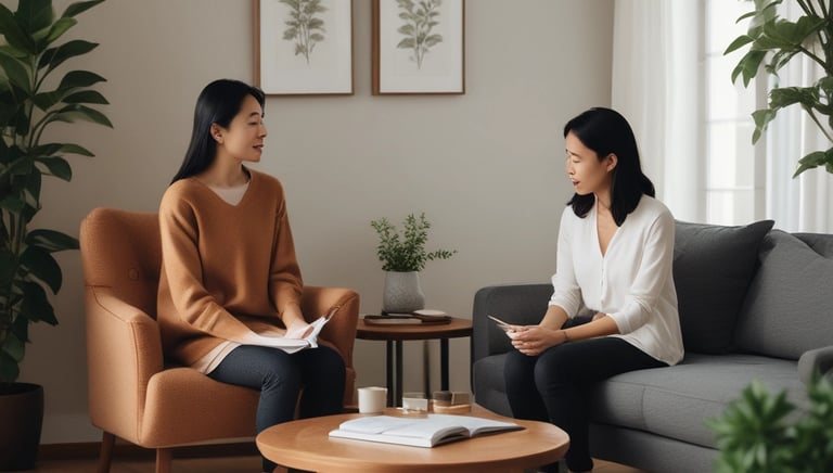 A serene setting with a calm therapist and a client engaged in conversation.