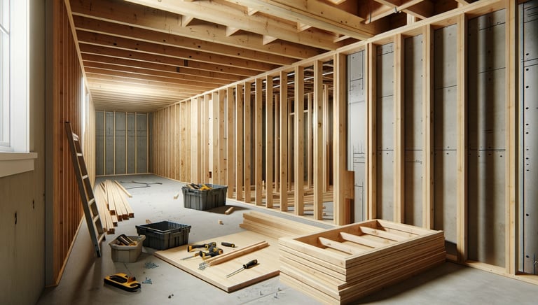 Basement under construction with wooden wall framing and partially installed drywall, showcasing a c