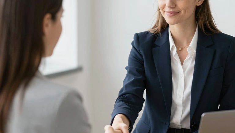 A warm meeting between a manager and a new employee discussing onboarding paperwork.