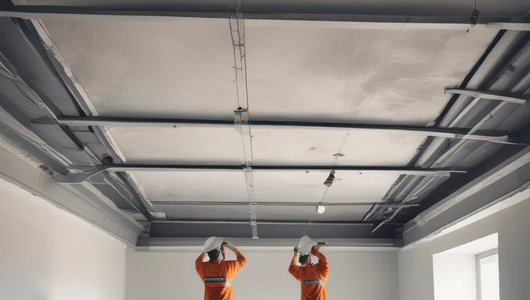 Construction workers laying concrete foundation at a building site