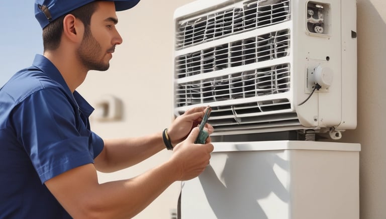 Technician servicing an air conditioning unit on a rooftop under clear blue sky.