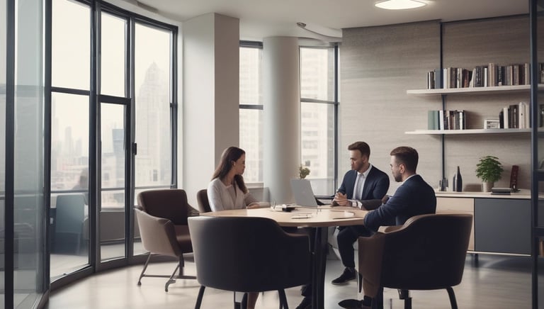 A professional consultant discussing options with a client in a modern office.
