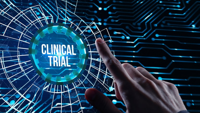 a person pointing at a circular shaped sign which says clinical trial