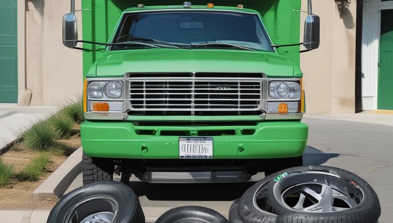 A close-up view of a vehicle wheel on a textured asphalt surface, featuring a Truma Mover XT device attached near the tire. The tire tread and the mechanical components of the mover stand out prominently.