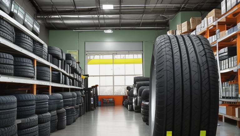 A garage filled with tires and automotive equipment. Tires are stacked on shelves and some are mounted on the walls alongside wheel rims. A person is seated in the corner on the left, looking at a mobile phone. An orange traffic cone is on the floor, and there is a machine used for tire services.