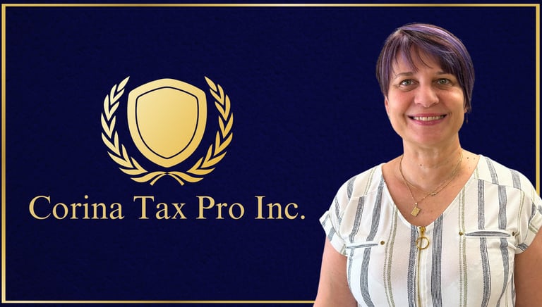 Corina in front of Corina Tax Pro Inc logo