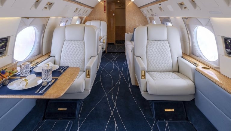a large airplane with a table and chairs