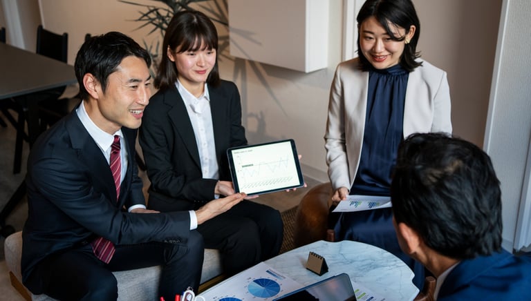 Tim membahas data HCM di tablet saat meeting.