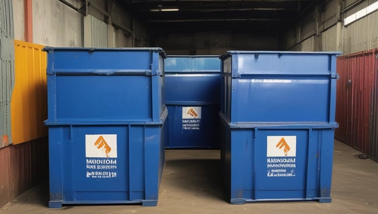Realistic image of a large dumpster and truck at a commercial construction site under clear skies.