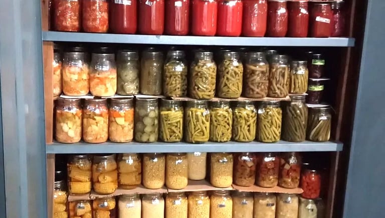 Basement shelving unit with doors open, rows of home-canned jars organized by type.