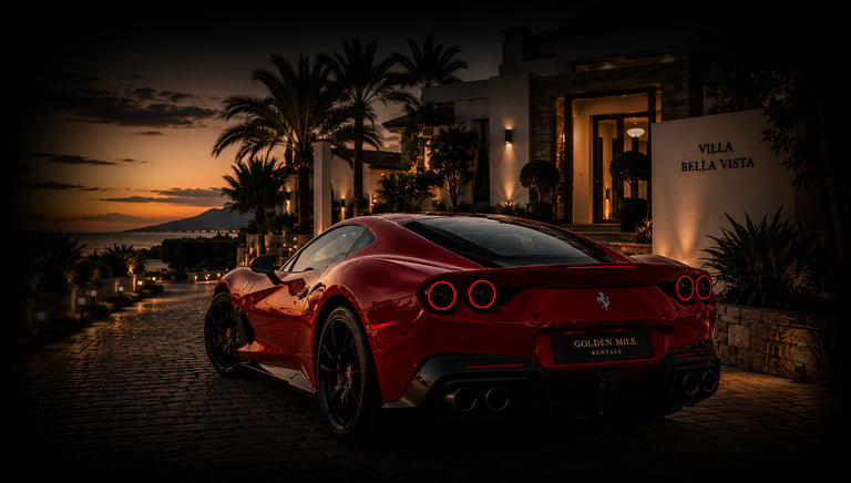 Red Ferrari 812 Superfast luxury sports car parked outside a modern villa at sunset.
