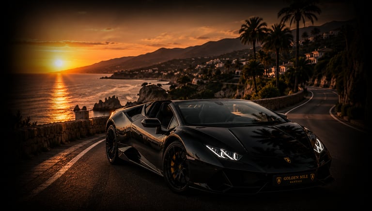 A black Lamborghini Huracan convertible parked on a coastal road at sunset with palm trees.