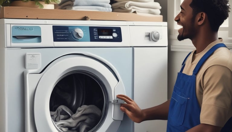 Professional fixing a washing machine inside a residential laundry room.