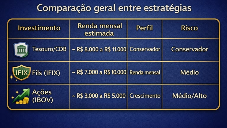 Tabela comparativa de investimentos entre Tesouro, IFIX e IBOV com renda mensal estimada e risco.