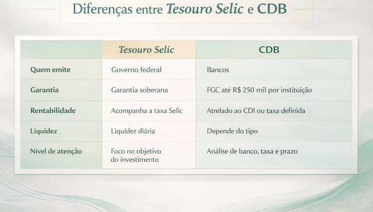 Tabela comparativa mostrando as diferenças entre Tesouro Selic e CDB em termos de garantia, rentabilidade e liquidez.