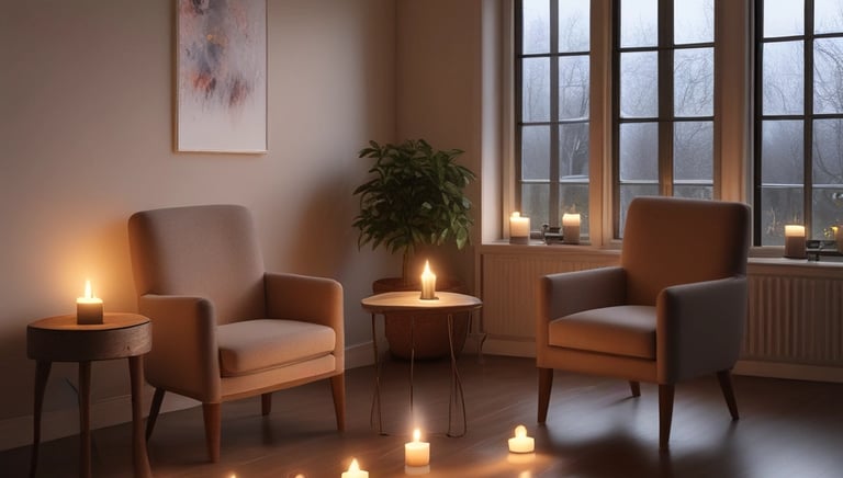 A calm therapy room with comfortable chairs and soft natural light.