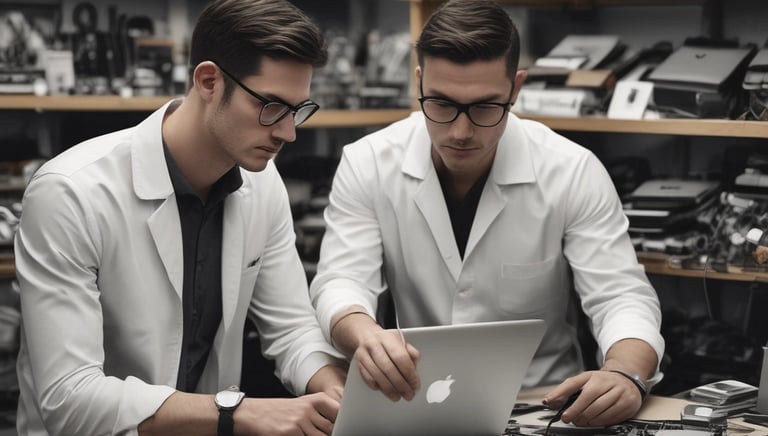 Technician carefully repairing a MacBook motherboard at Jas Service workshop