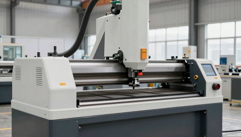 Technician inspecting a high-tech laser cutting machine in a modern factory setting.