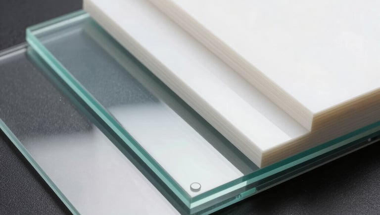 Close-up of stacked colorful technical plastic sheets in an industrial warehouse