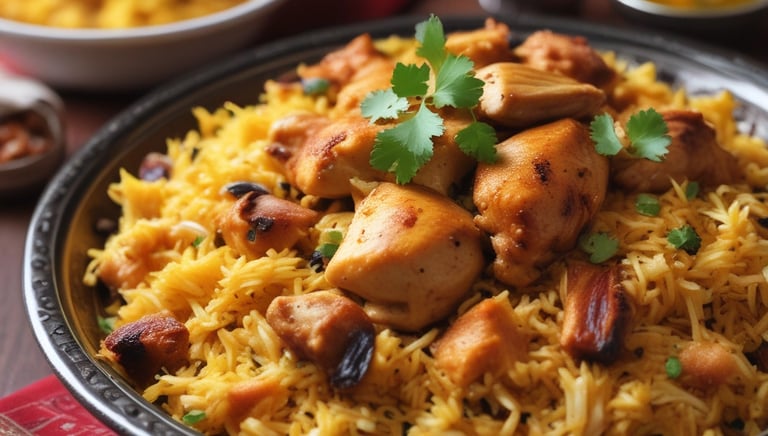 A colorful platter showcasing a mix of Indian vegetarian and non-vegetarian dishes garnished with fresh herbs.